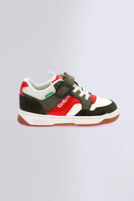 Kickarting - Baskets blanc, kaki et rouge pour garçon - Kickers © Site Officiel